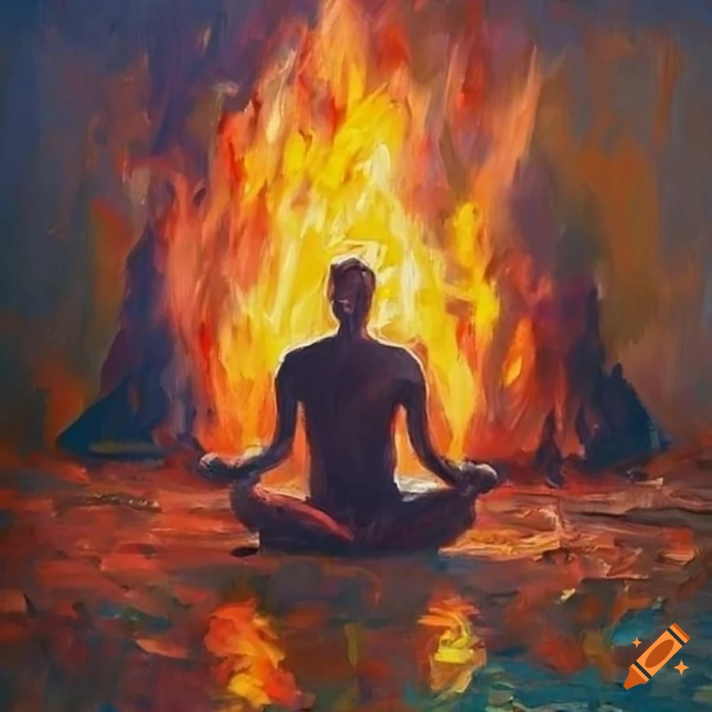 Meditating man in front of a huge bonfire in a sketchy oil painting
