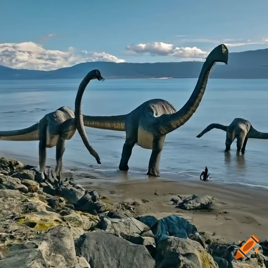 Group of Diplodocus walking along the coast in British Columbia in the morning