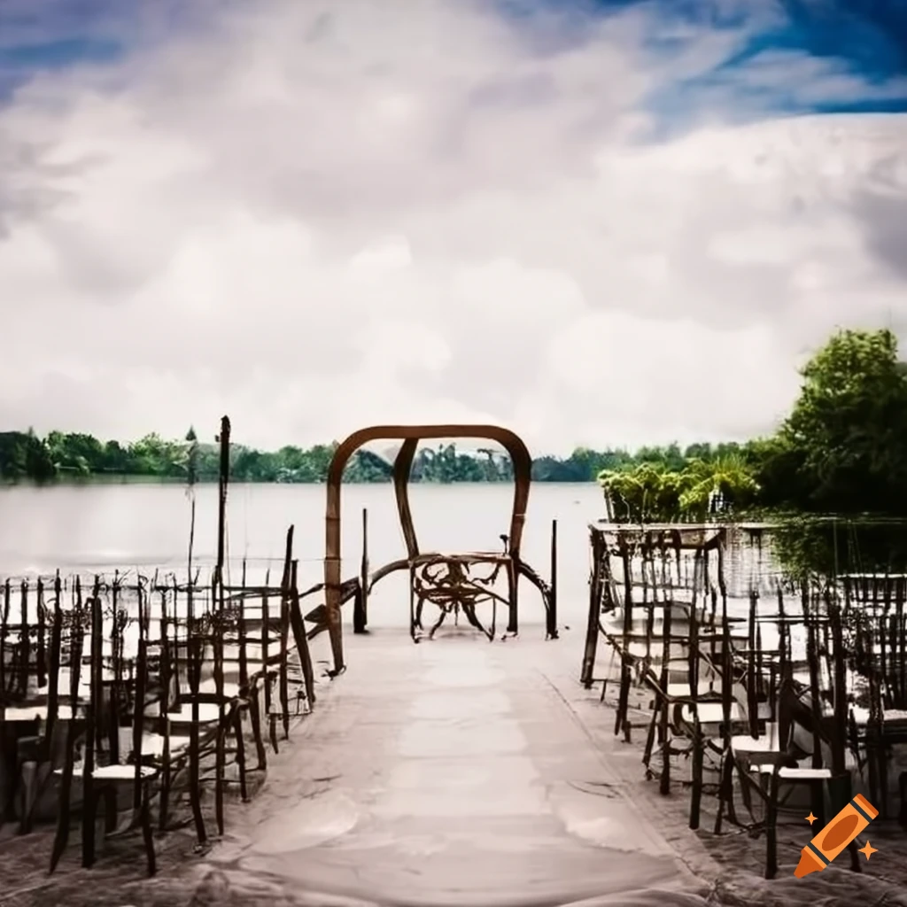 Outdoor wedding venue with metal chairs near water