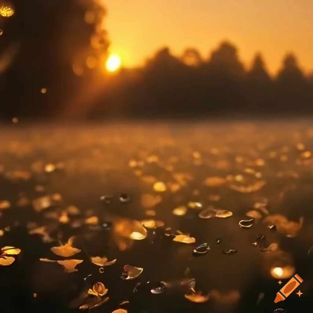 Golden hour sunset casting warm glow on misty flower field with