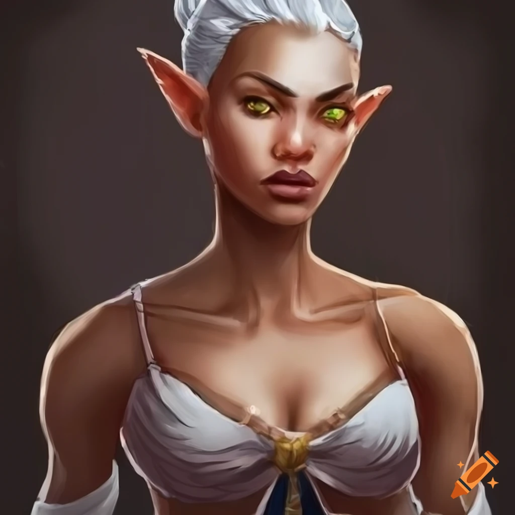 Half elf monk woman with long white ponytail and dark skin