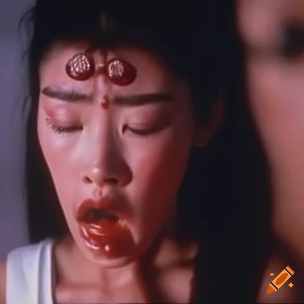 Asian woman fighter in 80s kungfu movie scene with bruised face