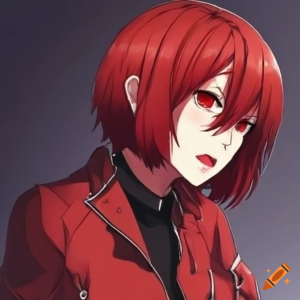 Anime woman with red hair and eyes wearing a red jacket on Craiyon
