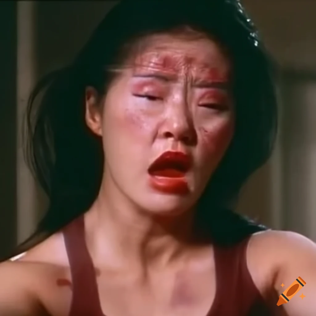 Asian woman fighter with bruised head wobbling dizzy expression