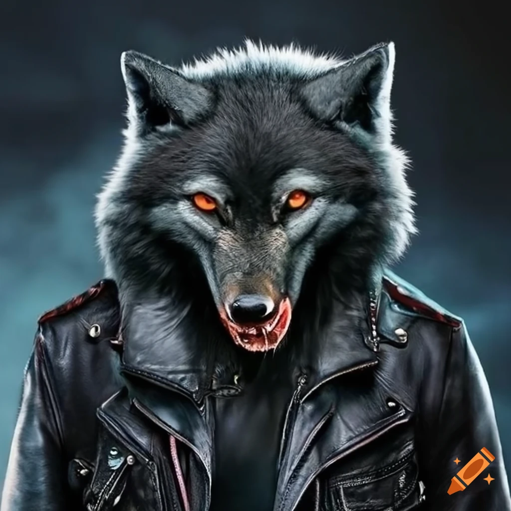 Intimidating wolf wearing a leather jacket on Craiyon