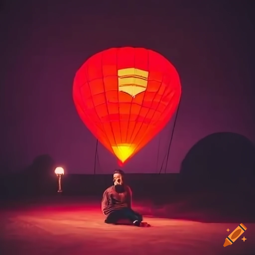 Awkward man sitting and watching a red hot air balloon