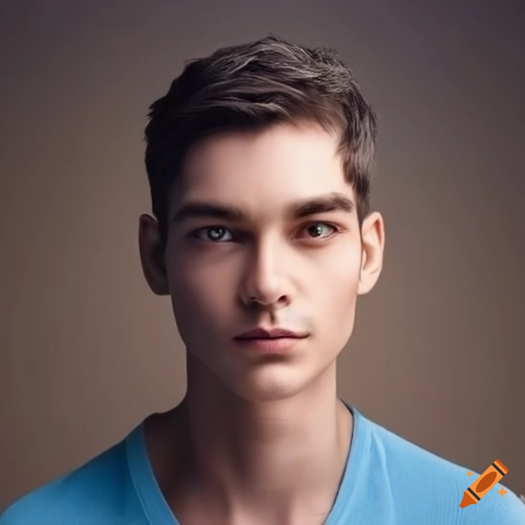 Smiling young man with brown hair and blue shirt on Craiyon