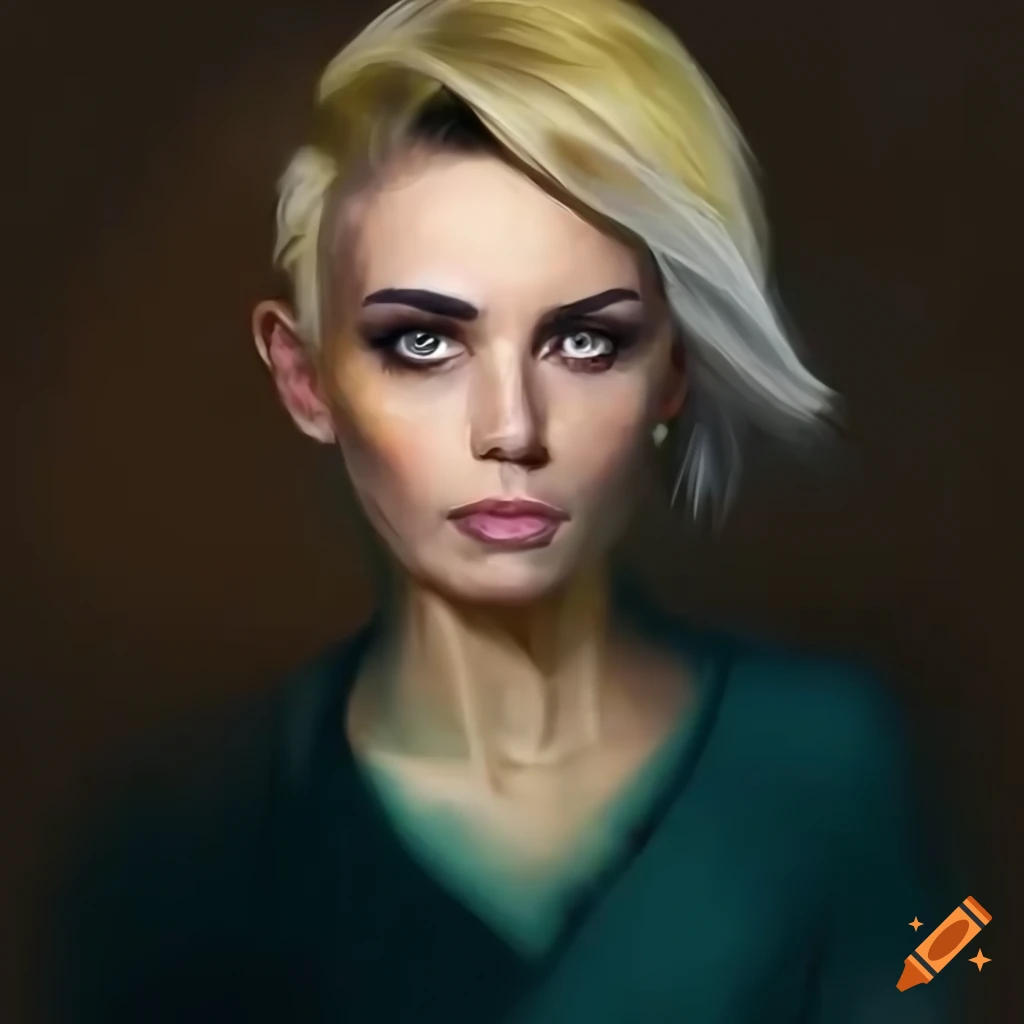 Digital painting of a confident businesswoman with blonde hair and