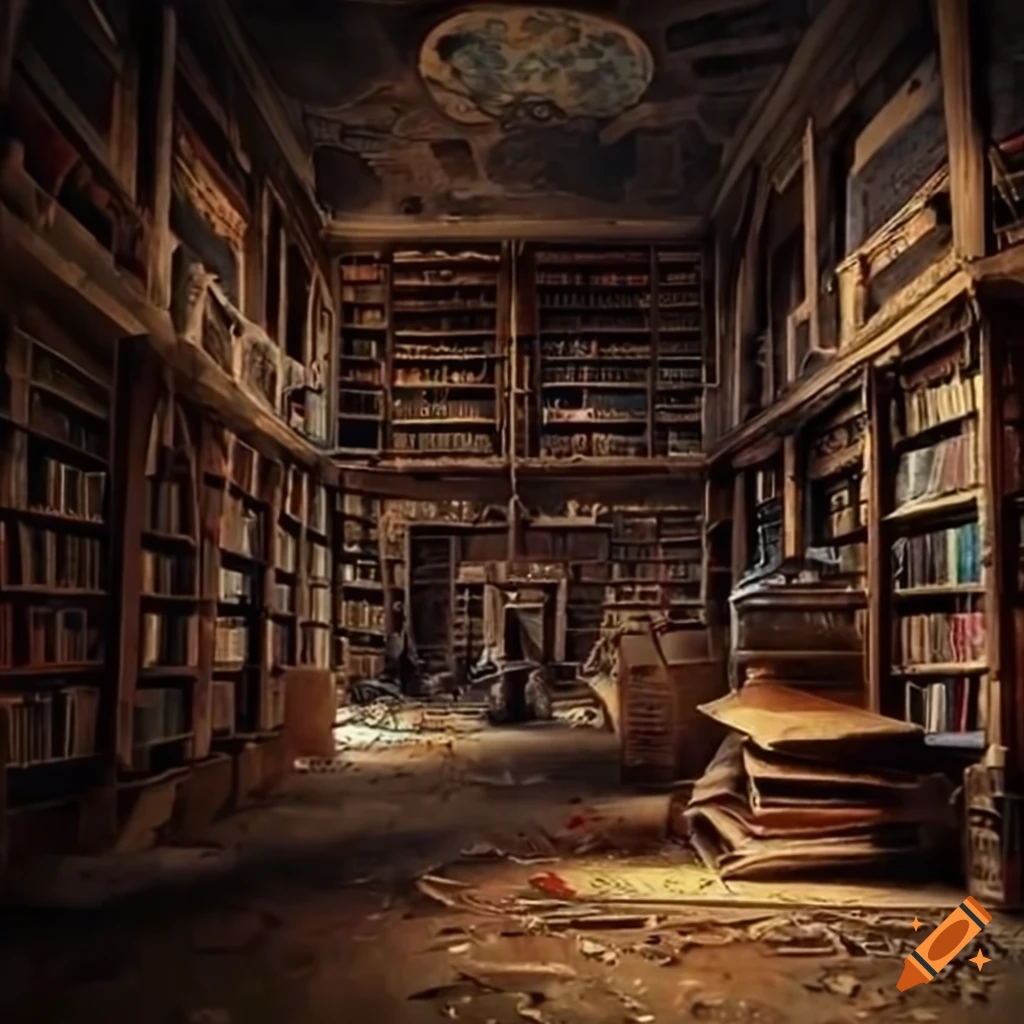 Abandoned disheveled study in a library fantasy dungeon with stacks of books and artifacts