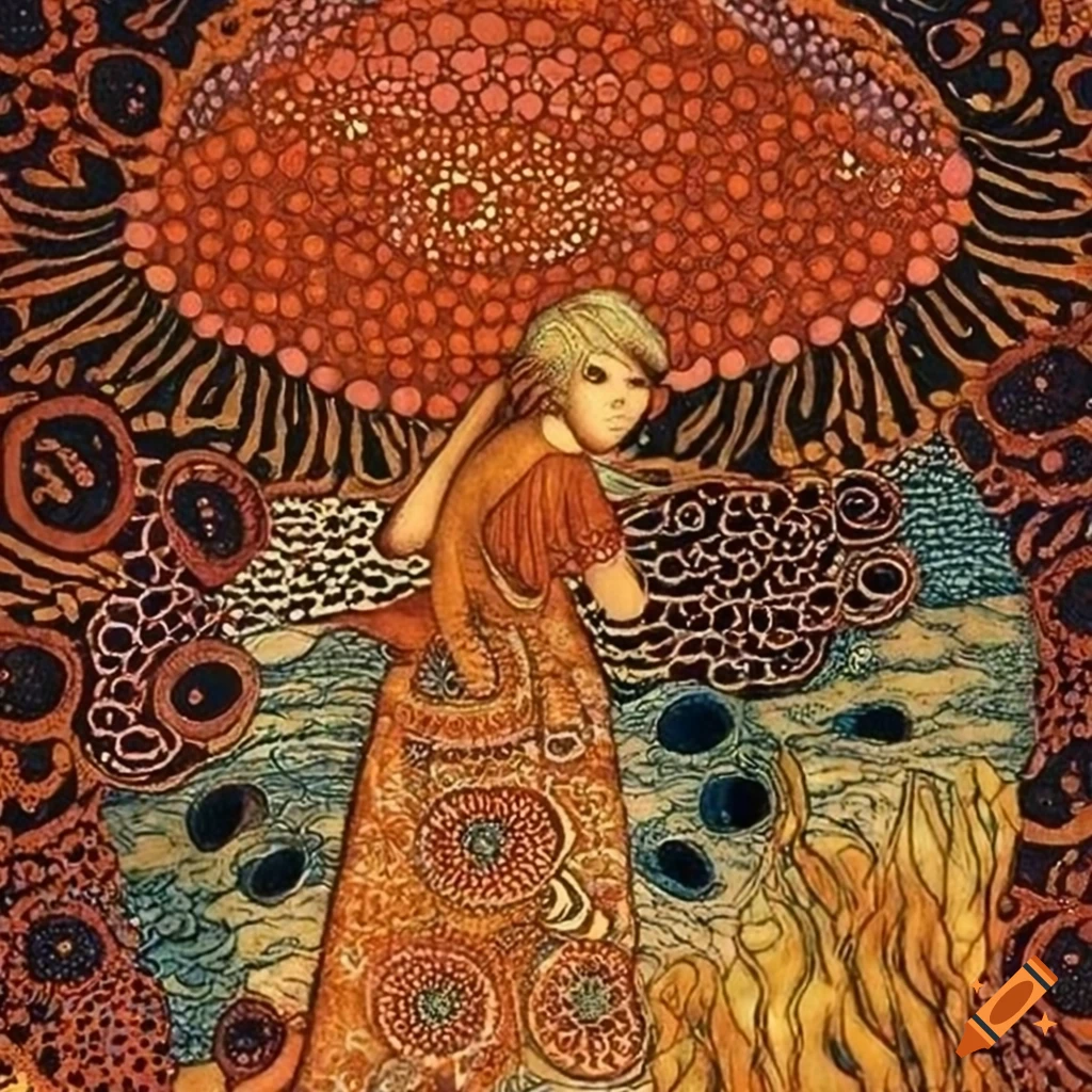 Vibrant fish surrounded by aboriginal dot patterns and Edmund Dulac aesthetics