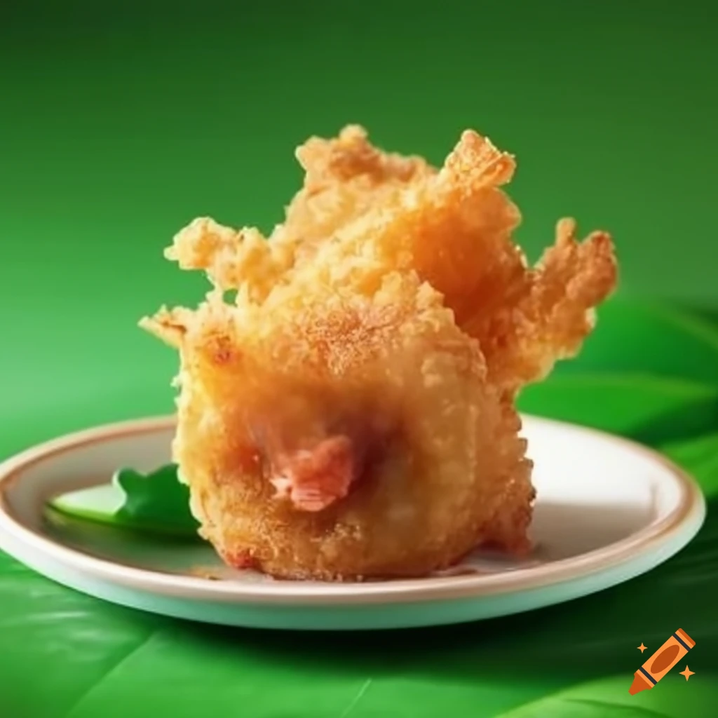 Golden fried tempura hamster on green leaves
