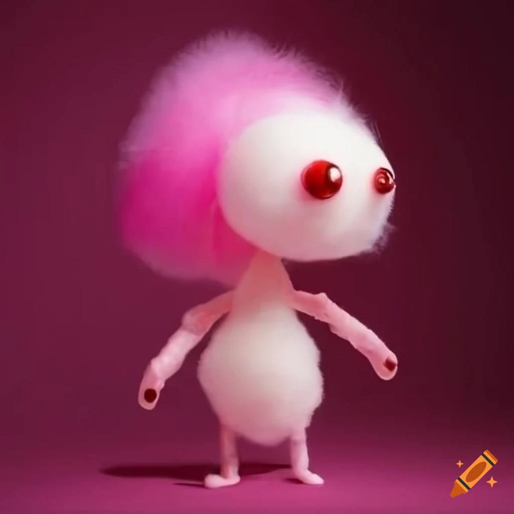 Small humanoid creature made of cotton candy with pink hair and a