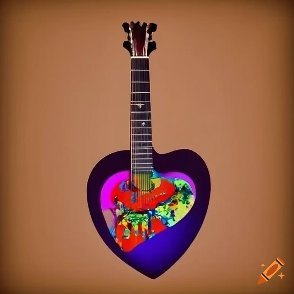 Colorful surrealistic image of a heart-shaped guitar emerging from a human body