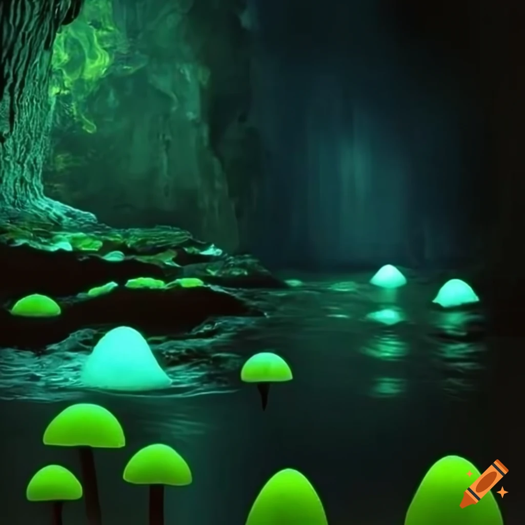 Underground river with glowing fungi