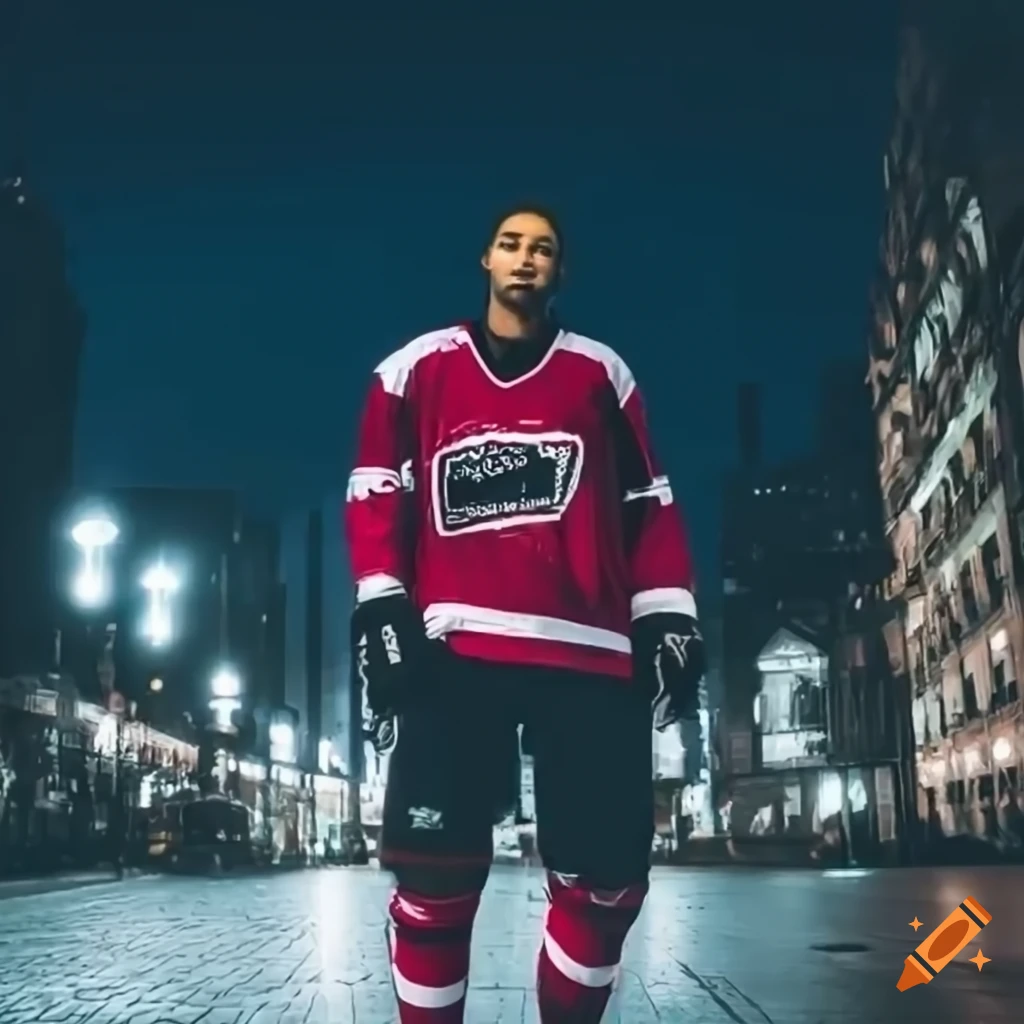 Persona con jersey de hockey en la ciudad de noche con ropa urbana