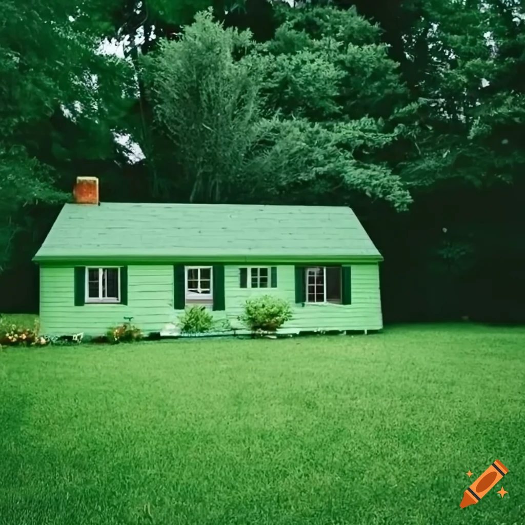 Beautiful light green house with big porch and lush green lawn on Craiyon