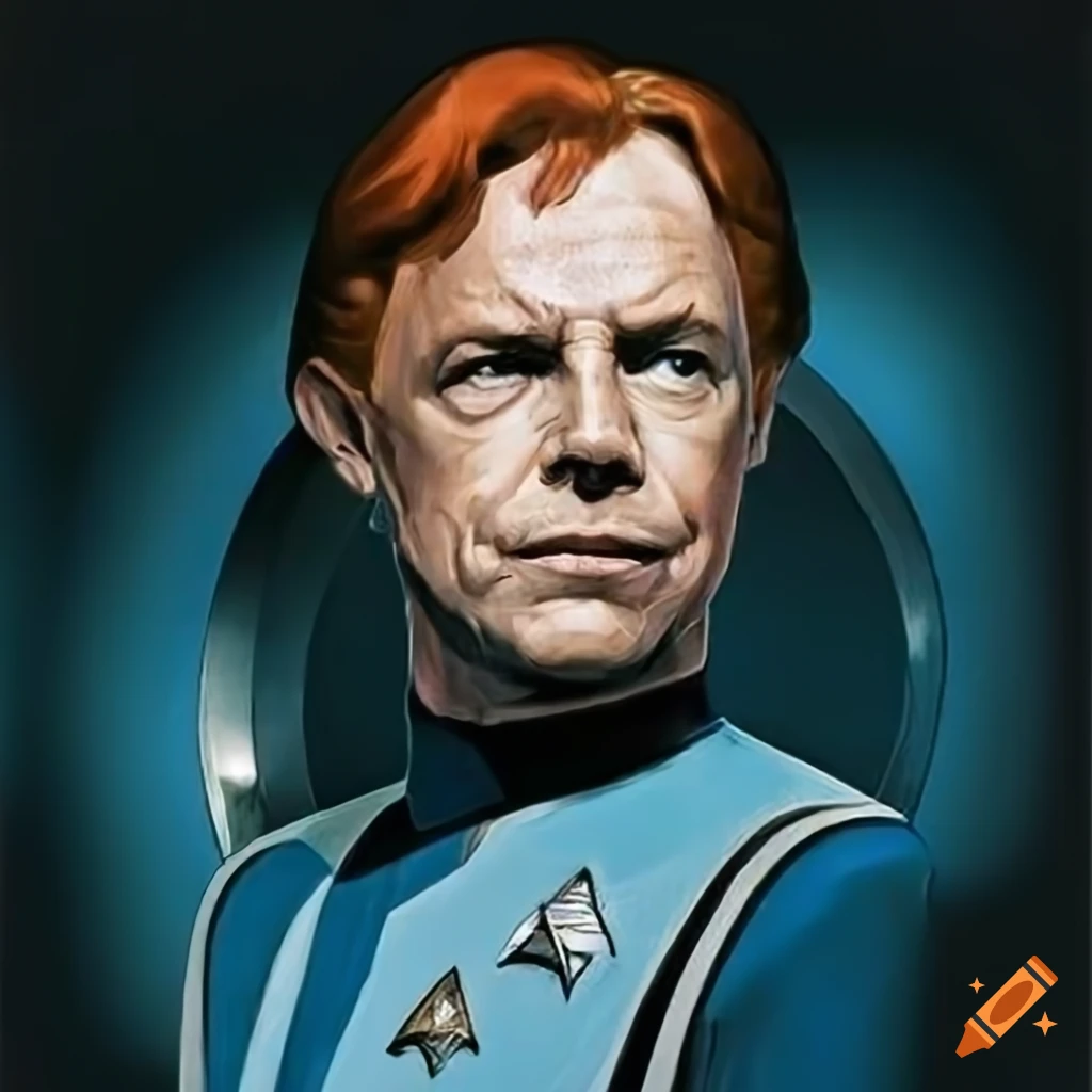 Admiral with ginger hair on Star Trek Discovery space station in film poster art style
