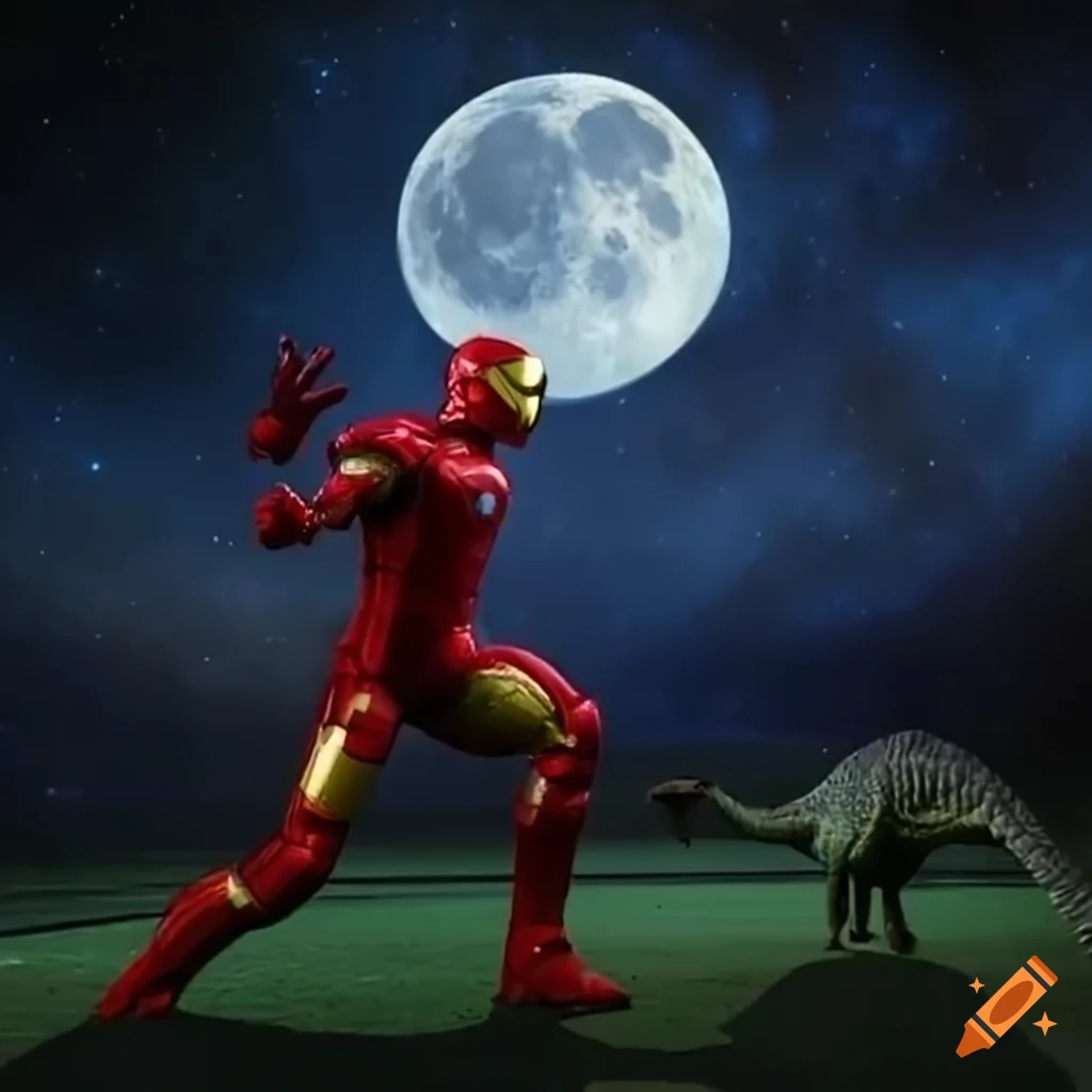Ironman and dinosaur playing baseball on the moon with a cosmic