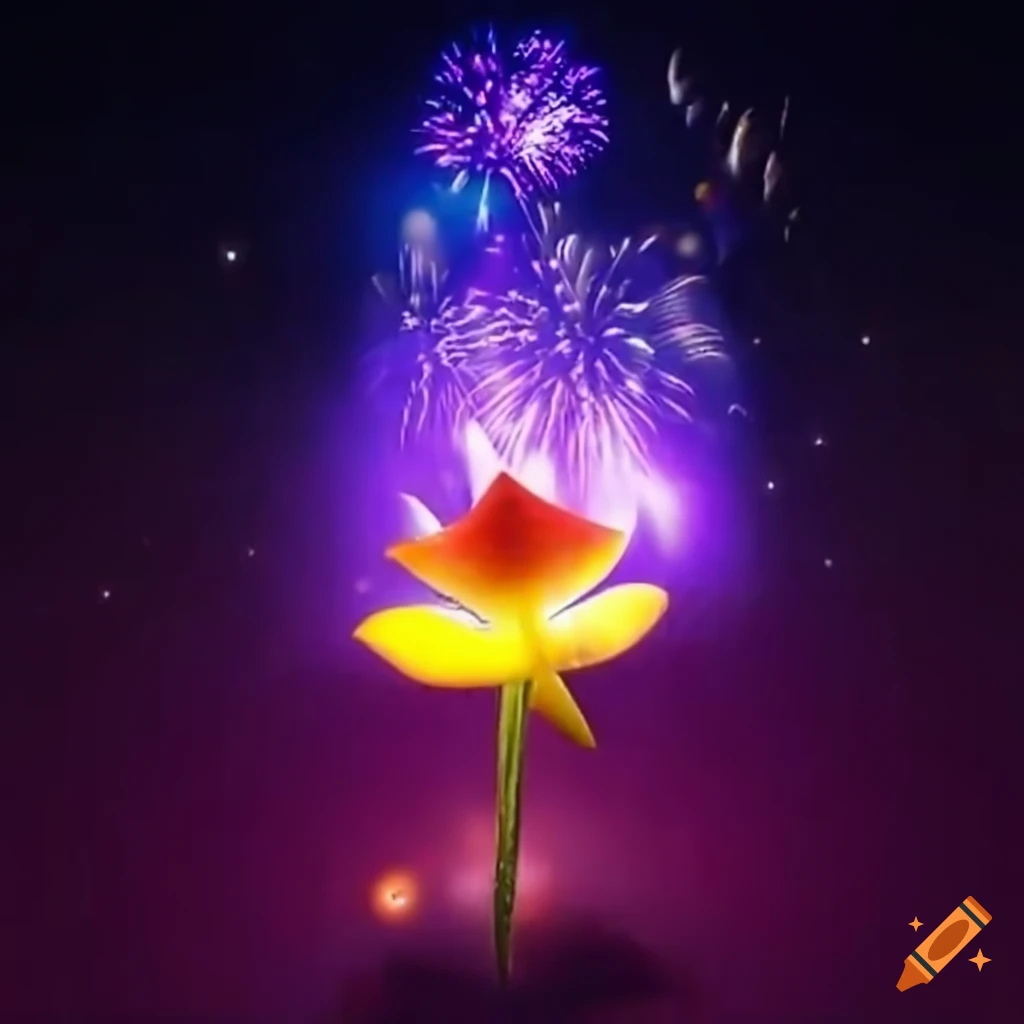 Mario with a purple fire flower and a dazzling firework in the sky