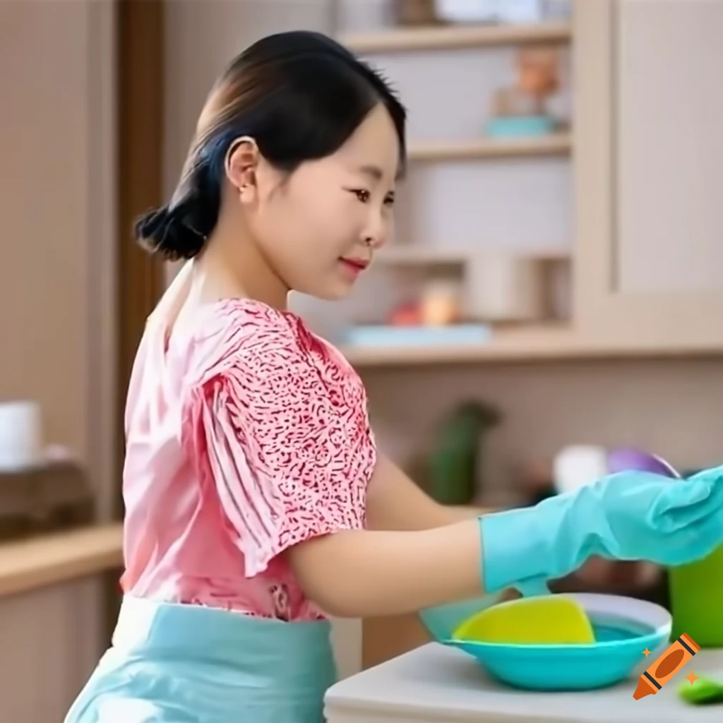 Asian housekeeper washing dishes