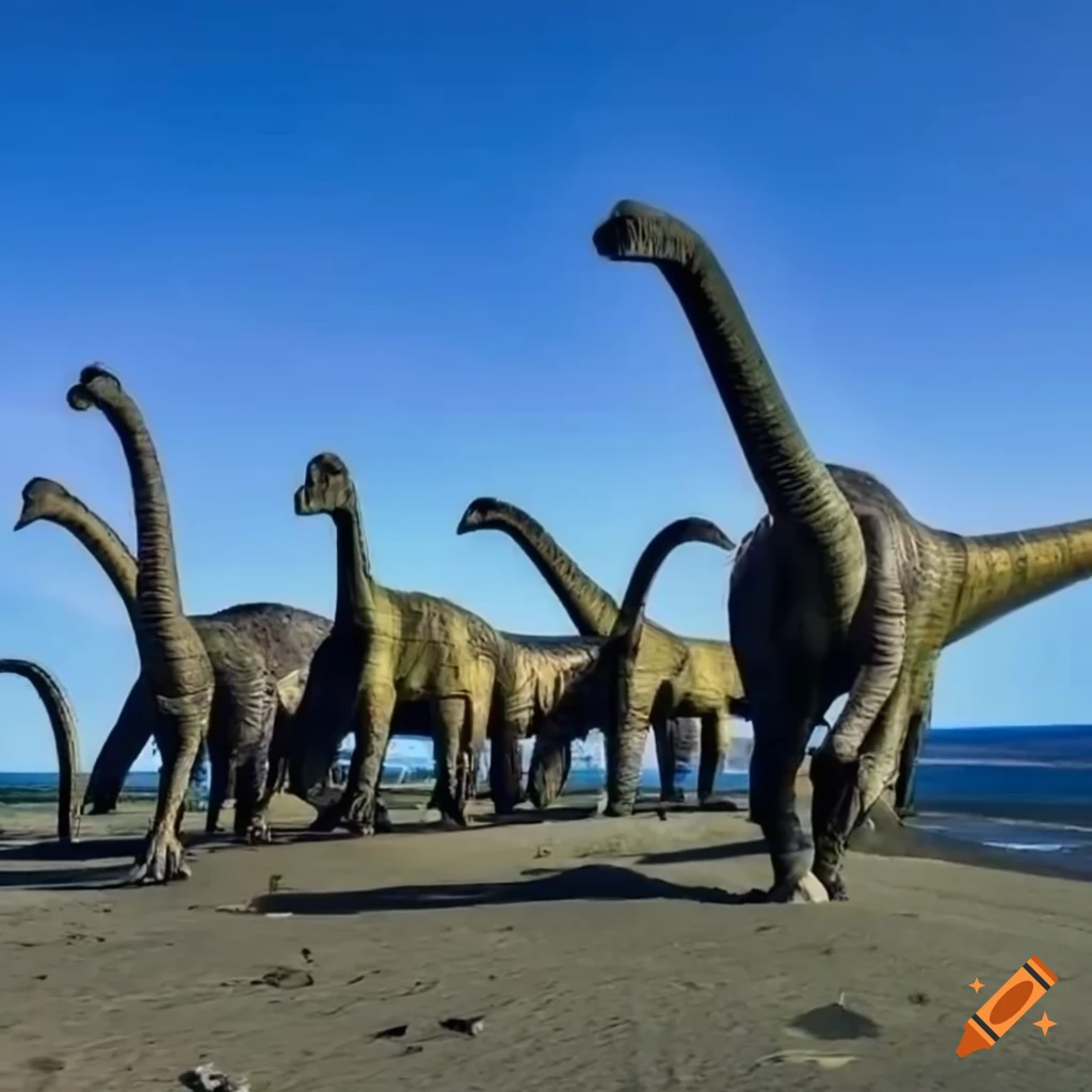 Group of Diplodocus walking along the coast in British Columbia in the morning