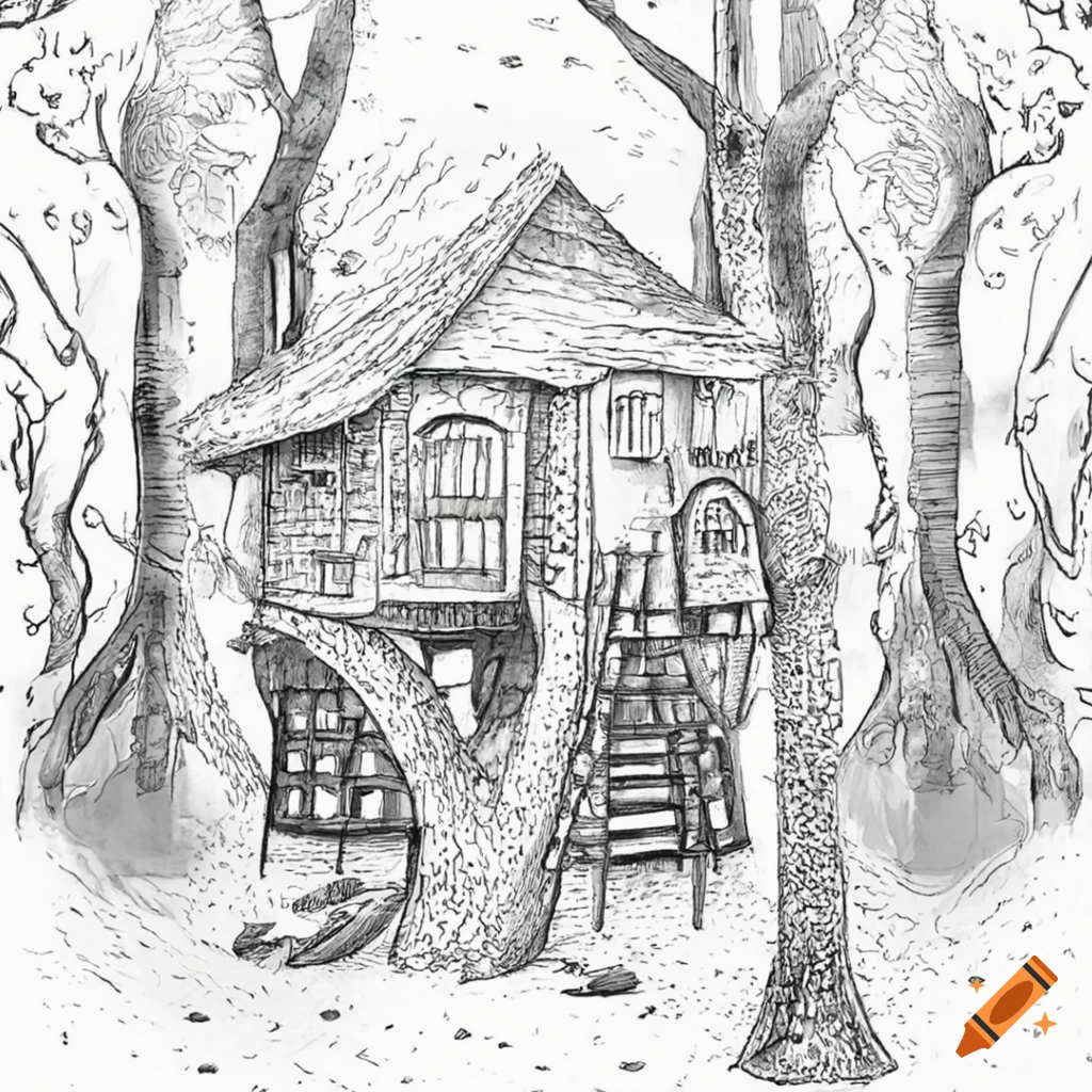 Enchanting treehouse among vibrant trees with colorful mushrooms