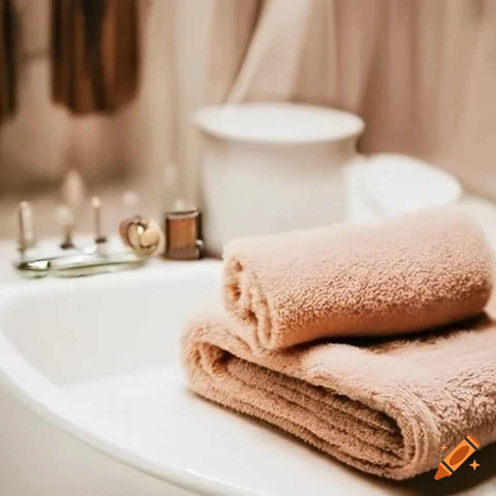 Fluffy sponge towel with clean linen scent in a cozy bathroom on Craiyon