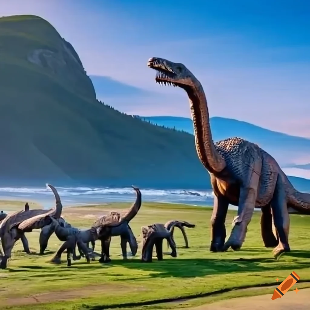 Group of Diplodocus walking along the coast in British Columbia in the morning