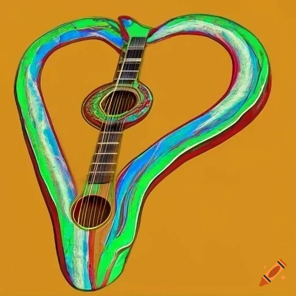 Colorful surrealistic image of a heart-shaped guitar emerging from a human body