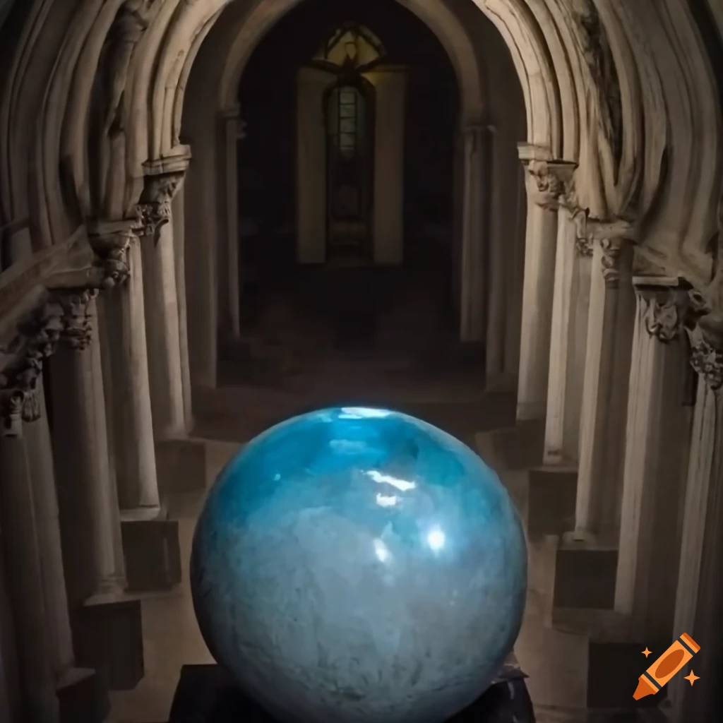 Giant smooth blue topaz boulder ball in a dark temple corridor on Craiyon
