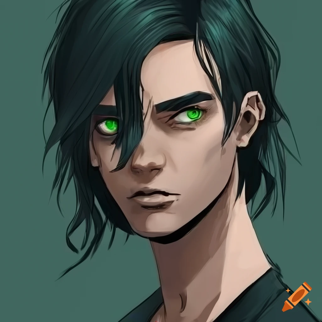 Cool-looking man with black hair and green eyes in a comic-style ...