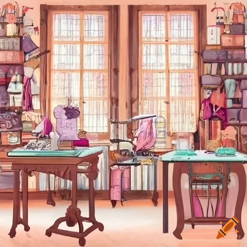 Cozy interior of a vintage tailor shop with sewing machine and beautiful fabrics