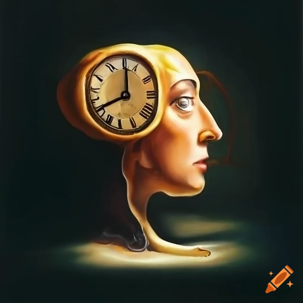 Surreal melting clocks inside a man's head in the style of salvador