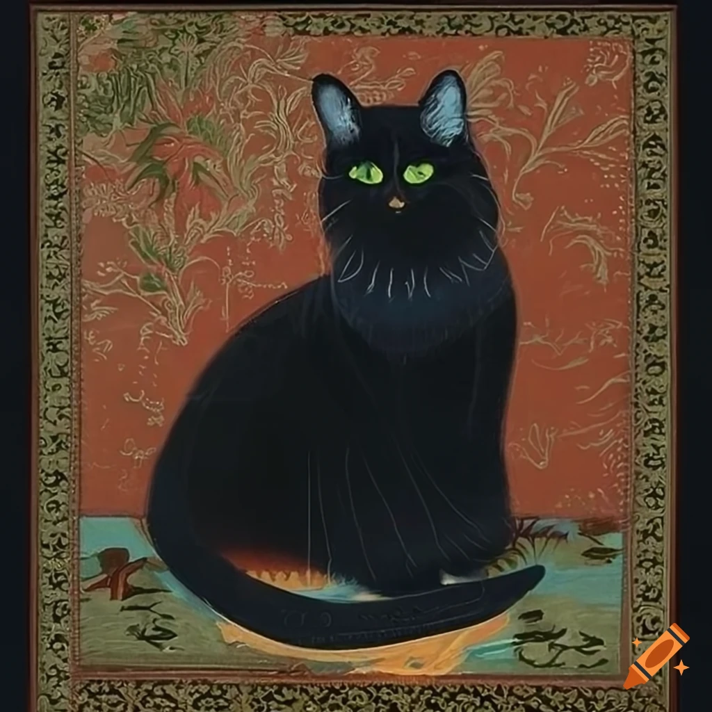 Persian miniature style art of a black cat