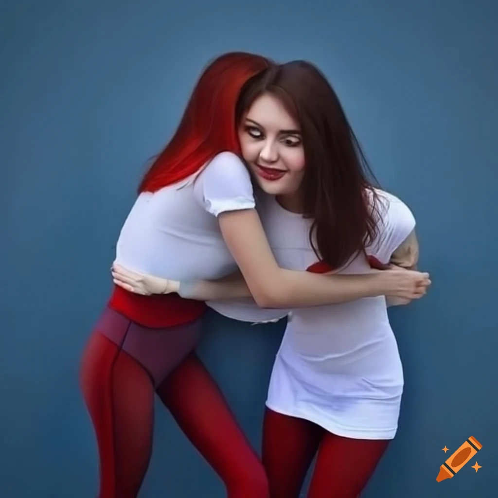 Two women hugging in a conjoined white and blue t-shirt to create an illusion