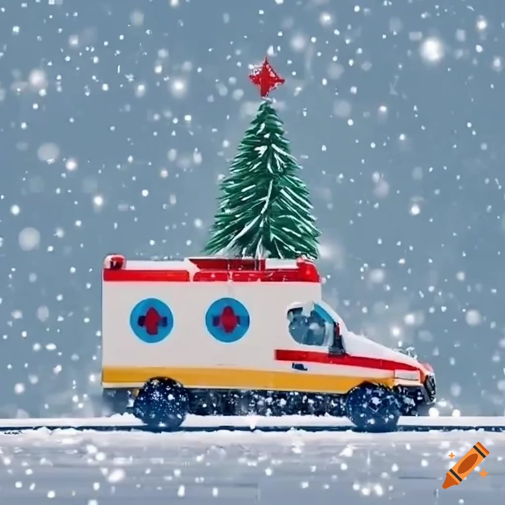 Ambulance in a snowstorm with christmas tree on the roof on Craiyon