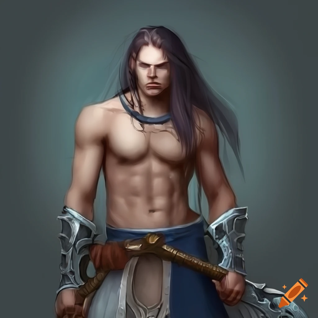 Fantasy warrior with long hair, blue eyes, and two weapons on Craiyon