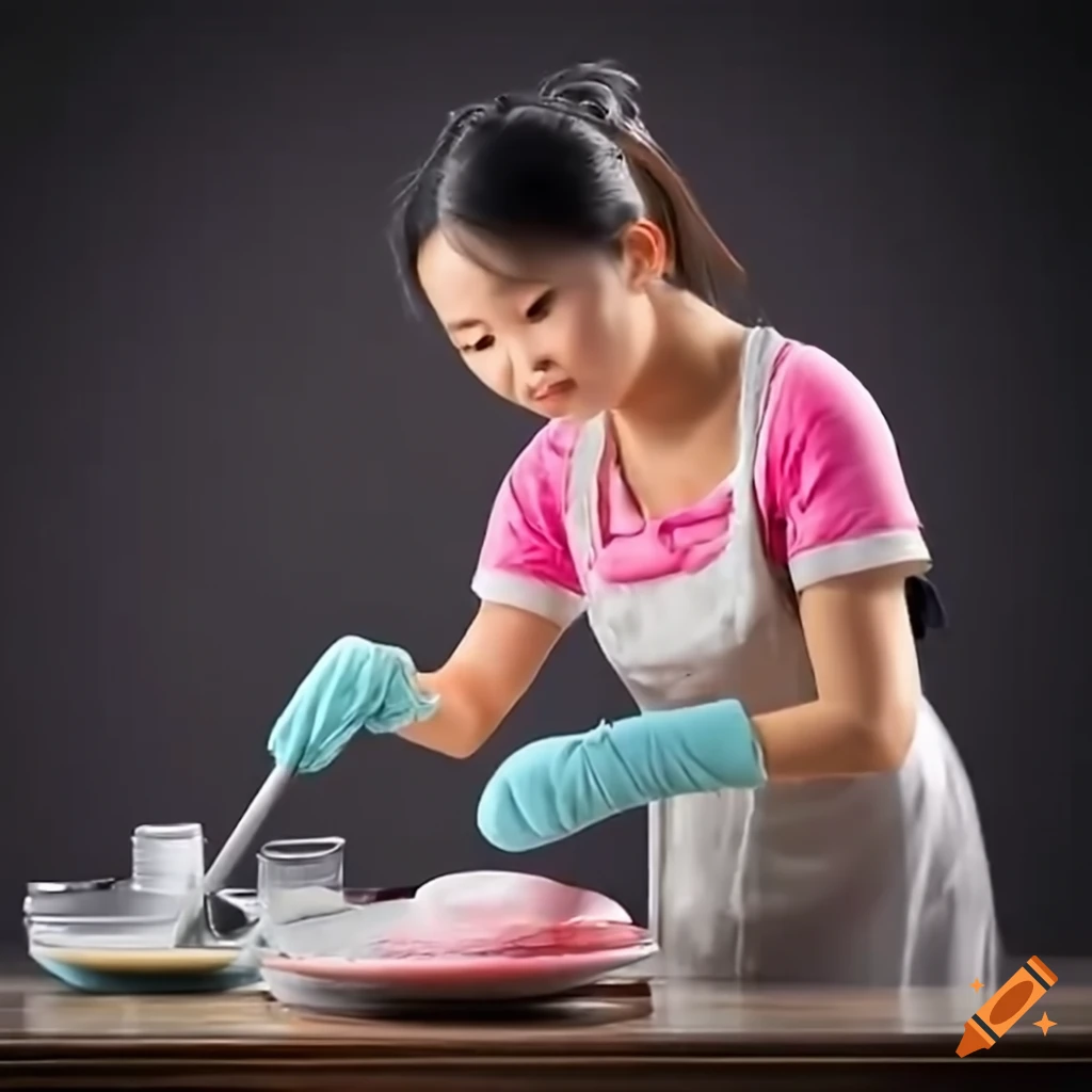 Asian housekeeper washing dishes