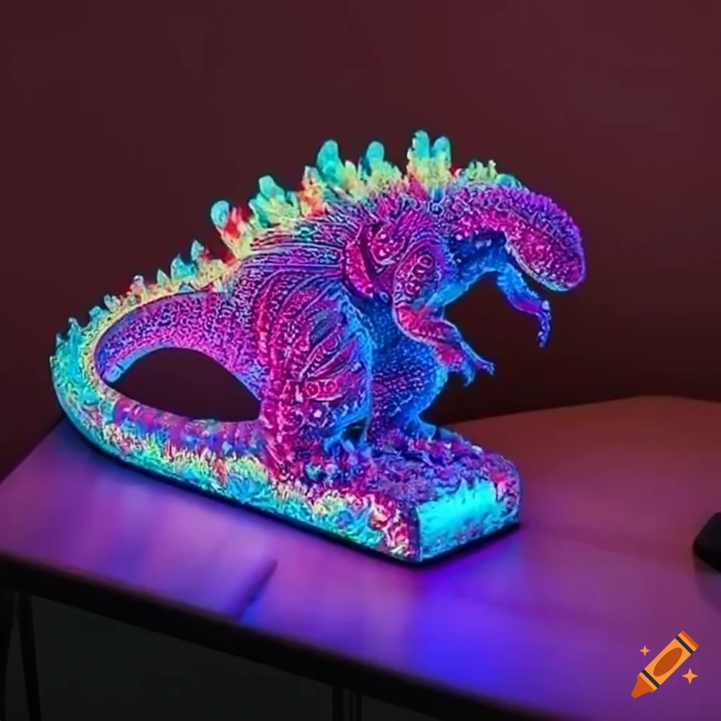 Paisley patterned Godzilla playing piano under UV lighting