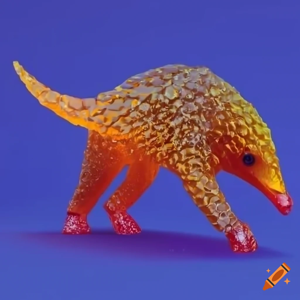 Colorful iridescent orange lowpoly jelly gummy pangolin standing and