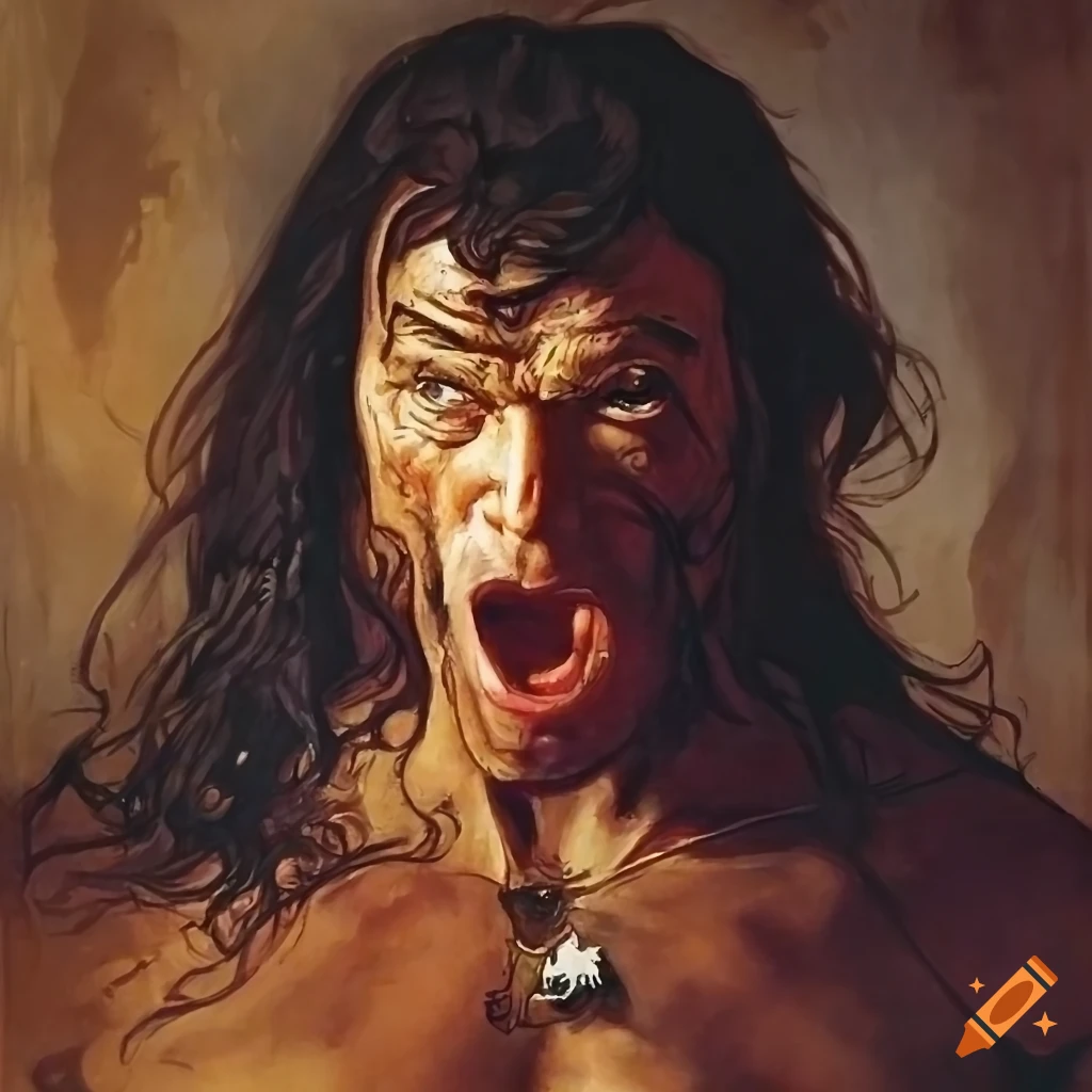 Raging Conan the Barbarian in a dungeon by Norman Rockwell with masterpiece facial details