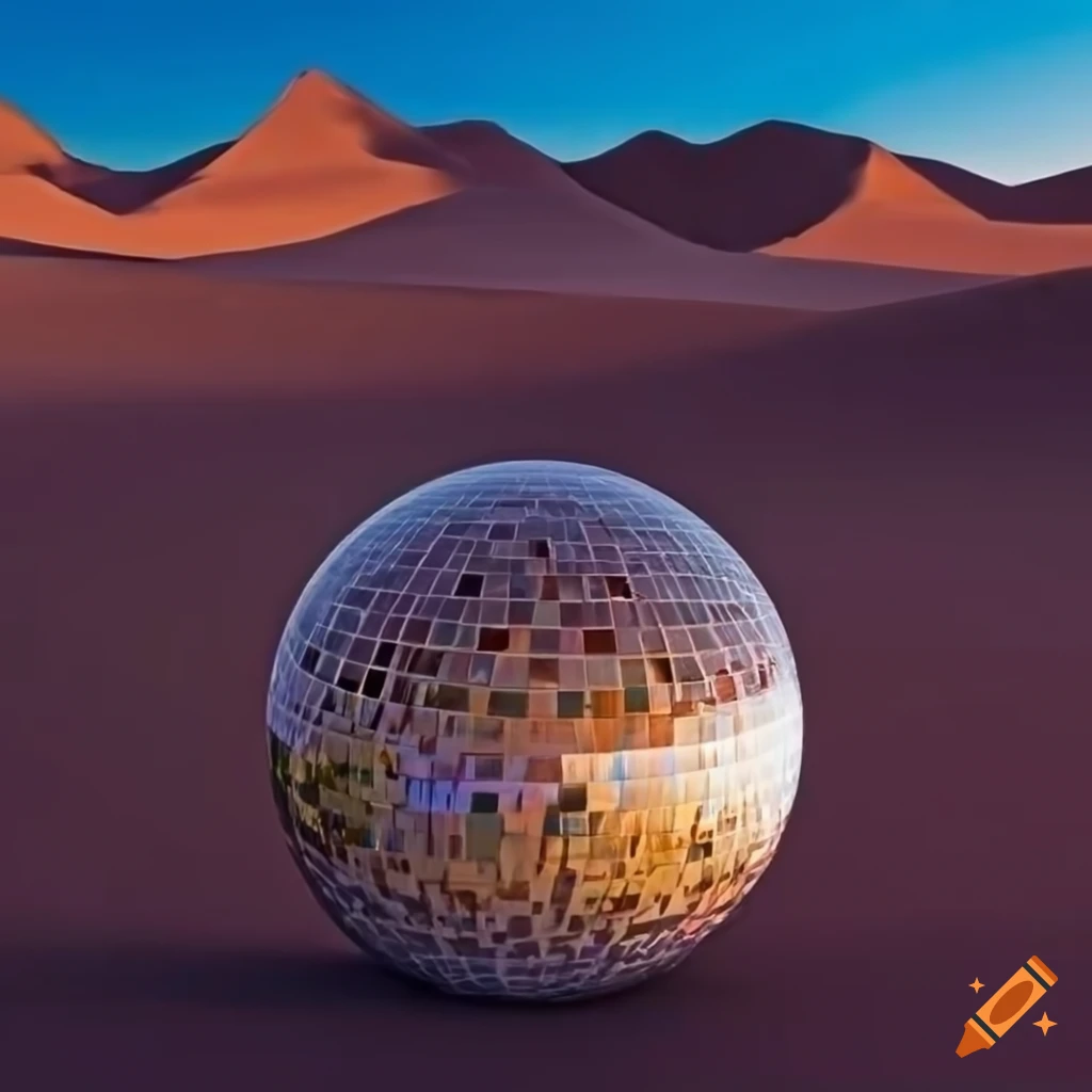 Mirrored ball reflecting the beauty of the desert landscape with a lone figure
