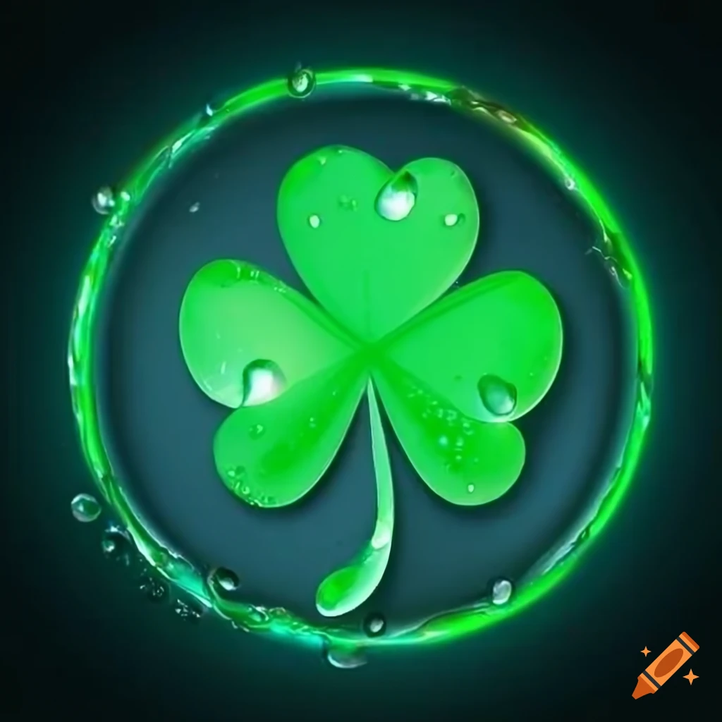 Green shamrock with water droplets in circular emblem