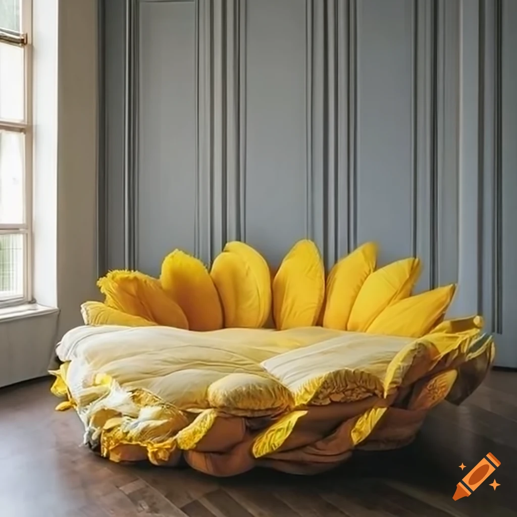 Sunflower-shaped sofa in warm sunset lighting on Craiyon