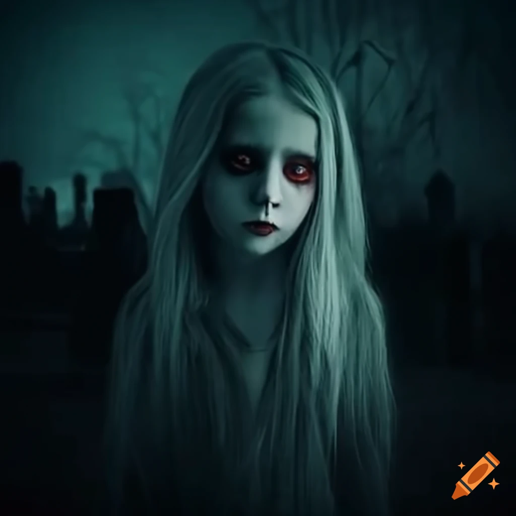 Creepy girl with red eyes walking through a ghostly cemetery at night ...