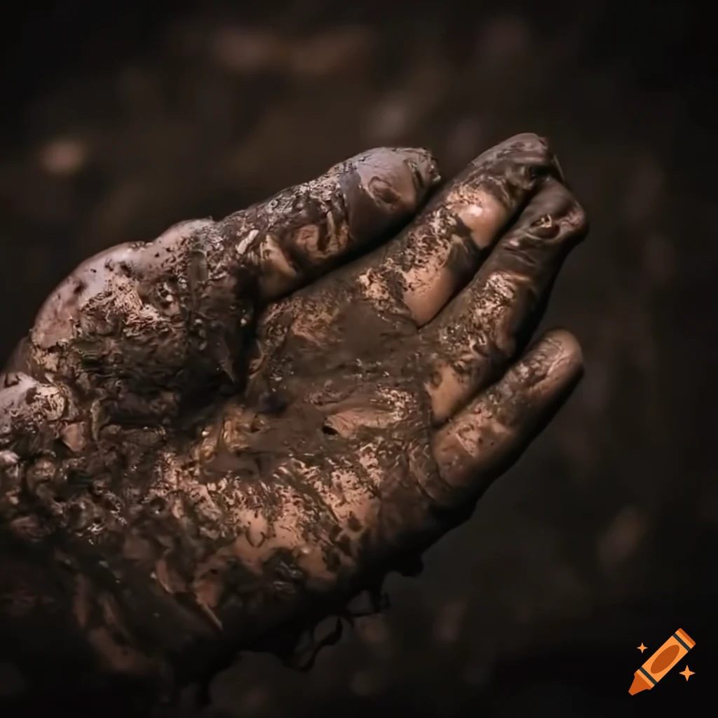 Close-up of muddy and dirty hands in the rain and darkness