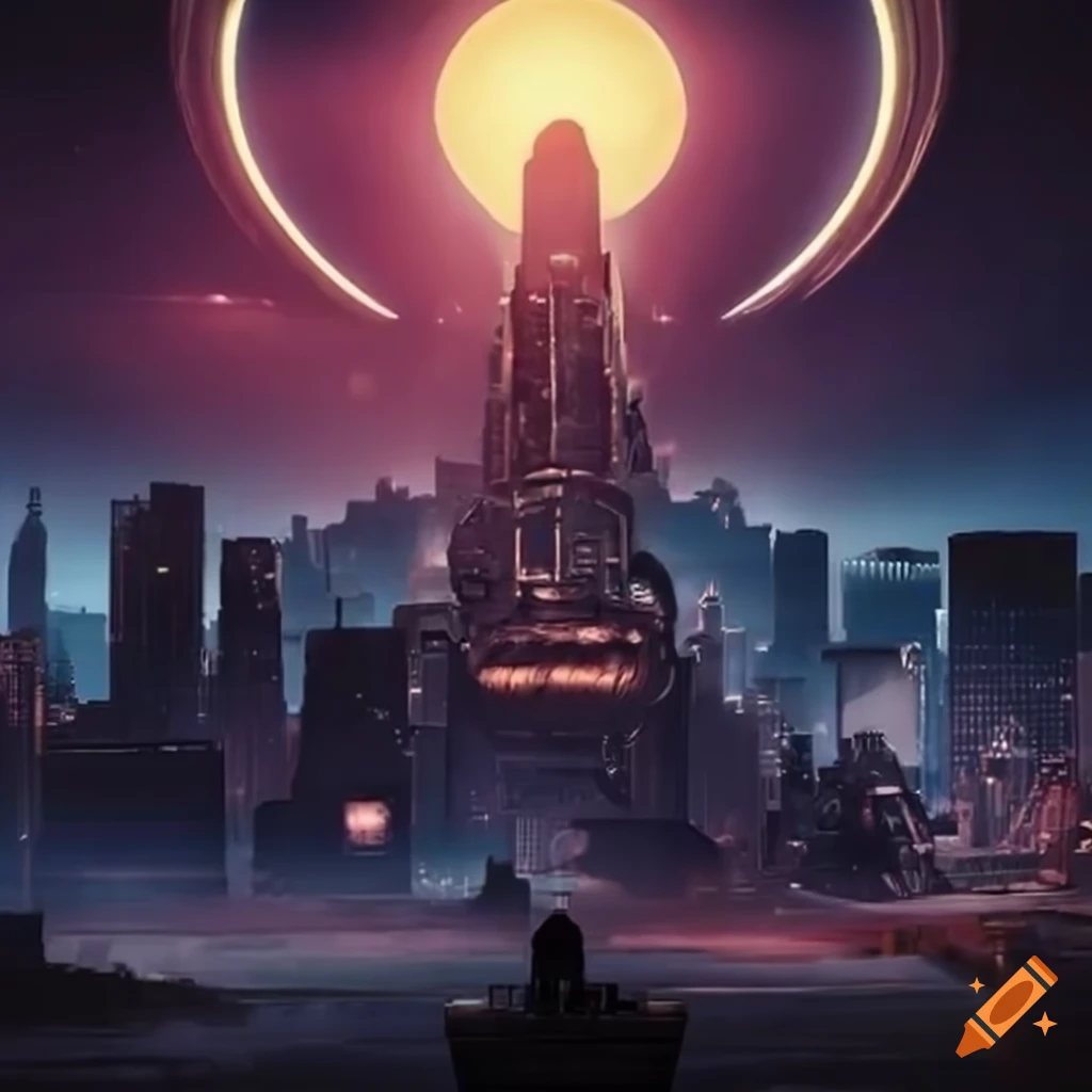 Time machine at dawn in a futuristic city on Craiyon