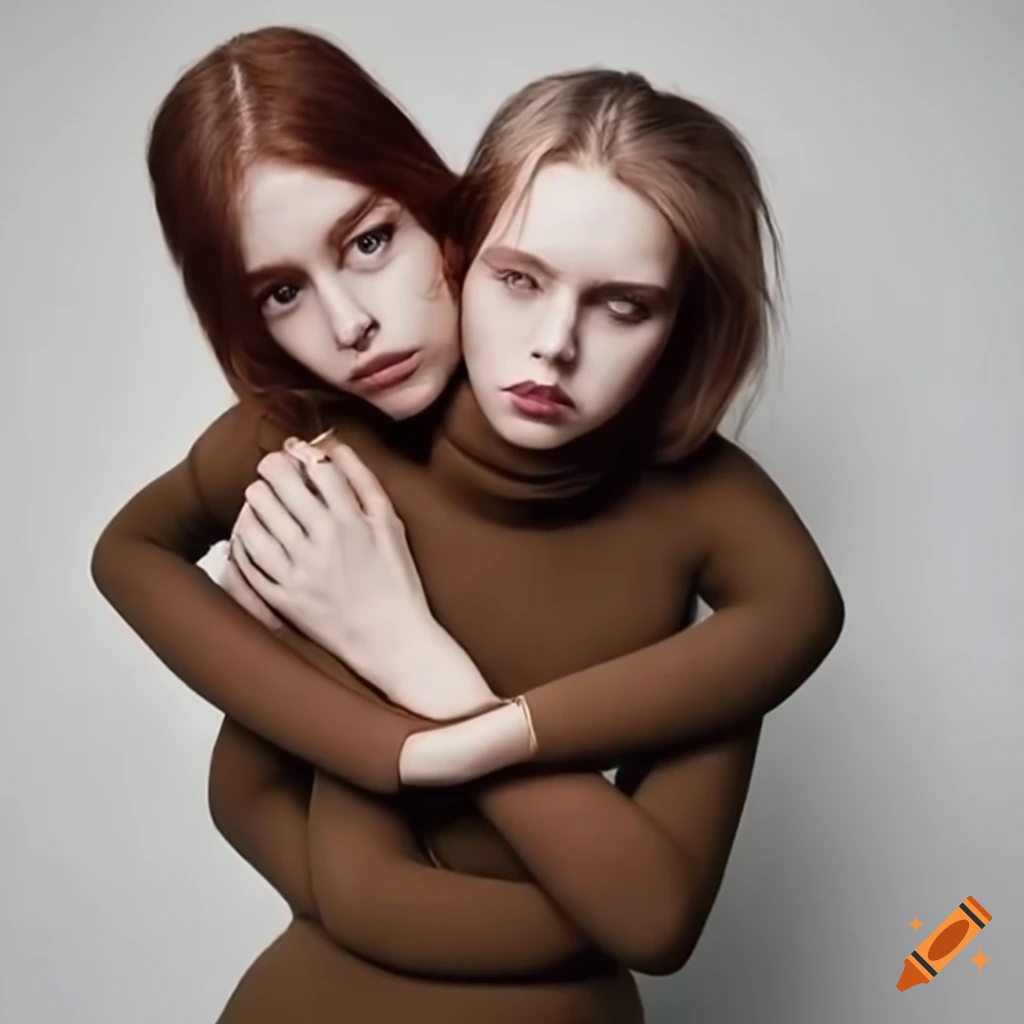 Two women hugging in a conjoined turtleneck sweater and tights