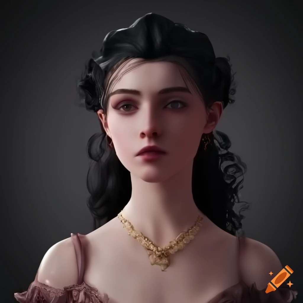 CGI of a person with black hair in a Victorian ball dress and hairstyle