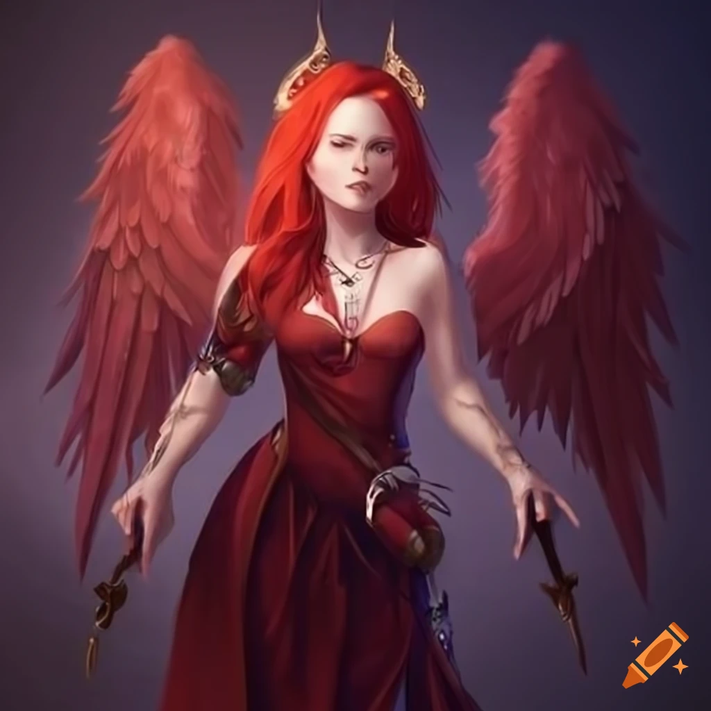 Fantasy art of a female with angelic wings, tail, holding a wand, and horns